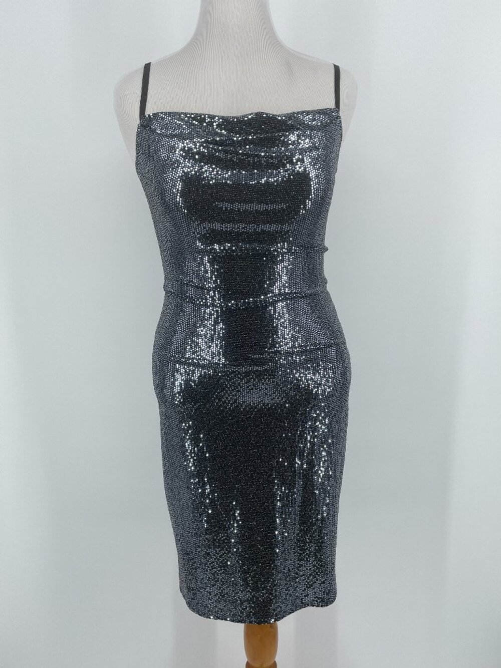 bebe Metallic Black & Silver Bodycon Party Dress Size M Y2K Strappy